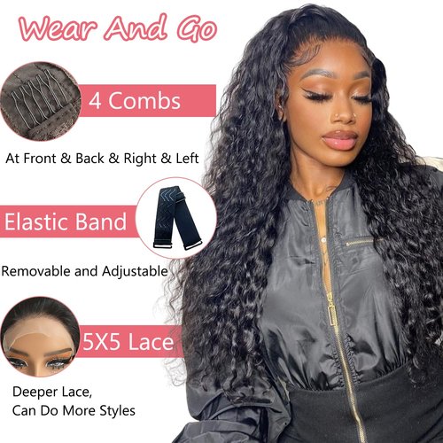 Glueless Wigs Human Hair Deep Wave Wigs Human hair Glueless Wear And Go 5x5 HD Lace Closur Wigs For Black Women (Curly wig, 24 Inch)