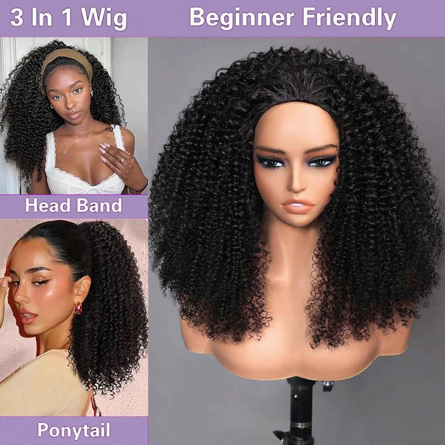 Kinky Curly Half Wig Human Hair 220 Density 3 In 1 Seamless Flip Over Half Wigs Wear Go Glueless Wigs Human Hair With Drawstring Beginner Friendly Curly Half Headband Wig Human Hair For Women 20 Inch