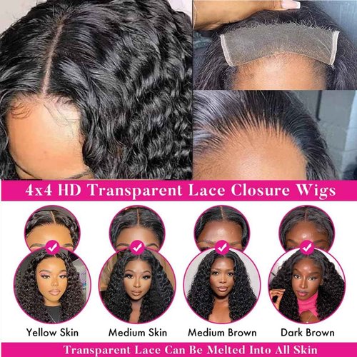 Josblue Deep Wave Lace Front Wigs Human Hair 4x4 Transparent Lace Closure Wigs 180% Density Human Wigs for Black Women Pre Plucked with Baby Hair 26 Inch