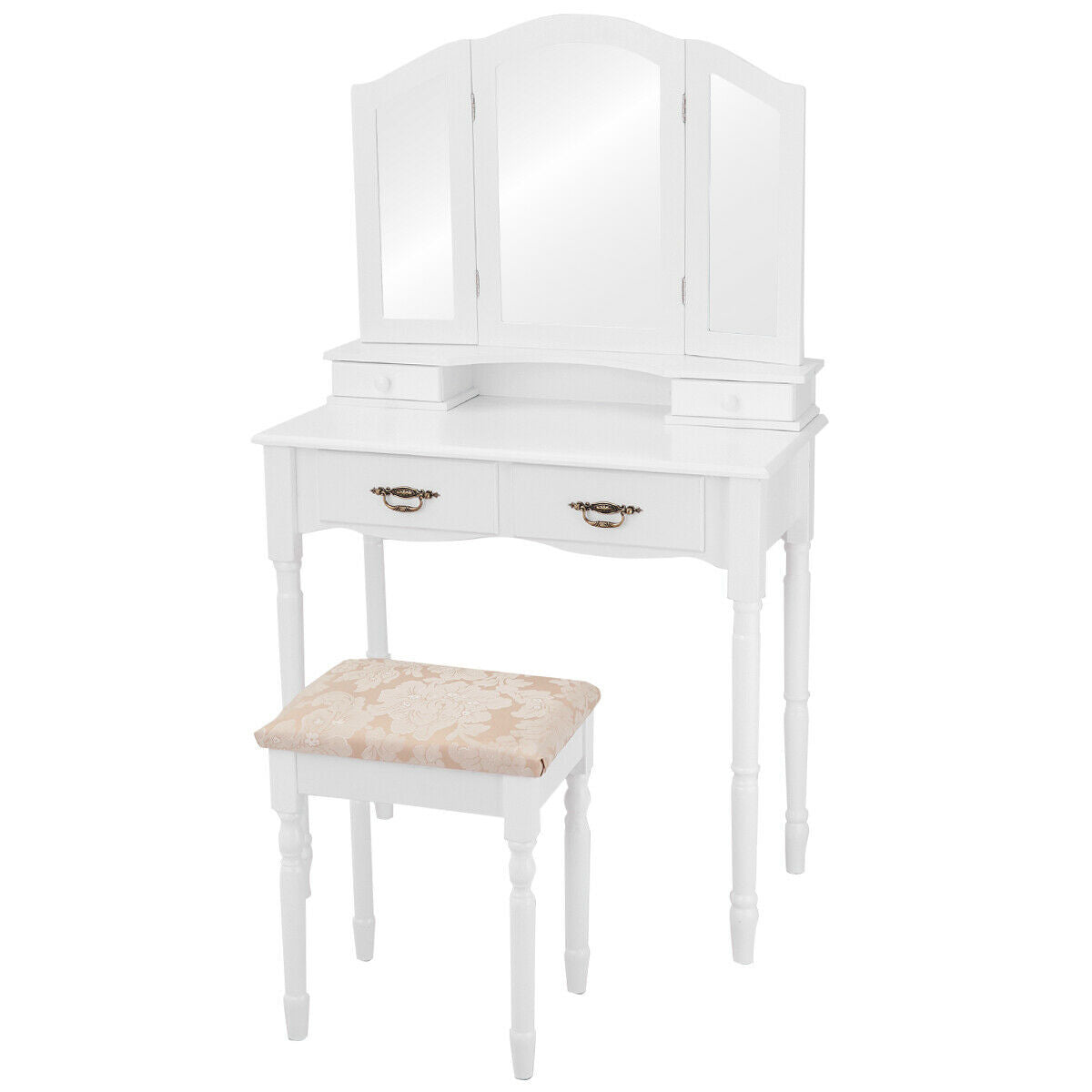Vanity Set with Tri-Folding Mirror and Storage Drawers - White