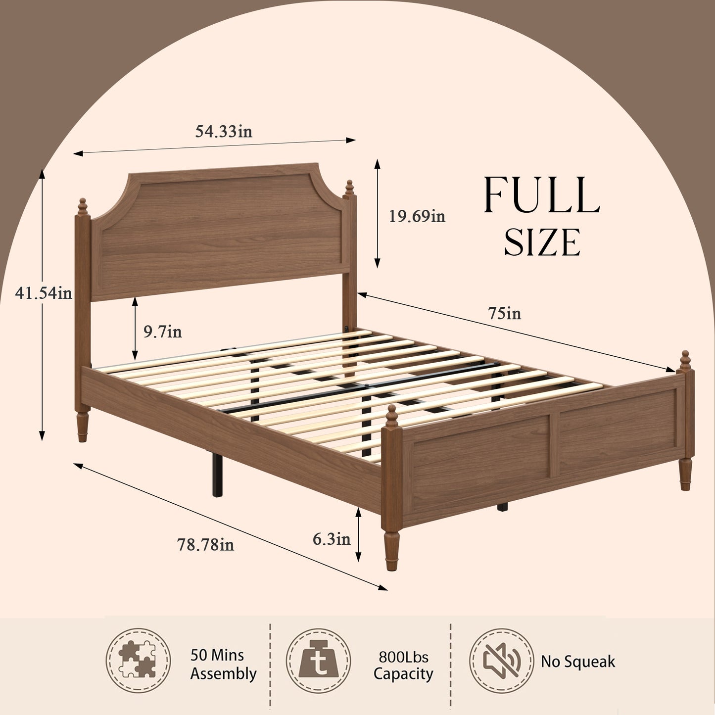 Full Farmhouse Platform Bed Frame with Headboard - Dark Brown