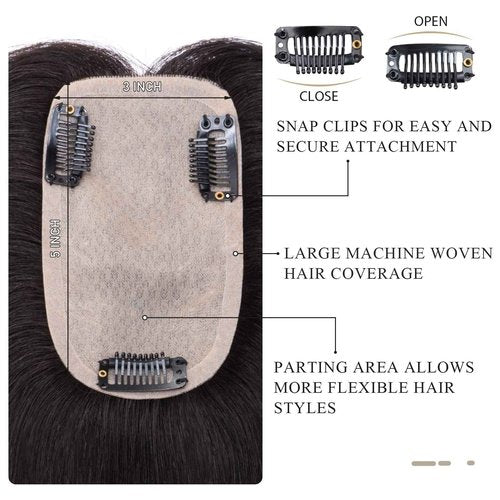 Hairro Human Hair Toppers for Women, Clip in Real Hairpieces, 130% Density 3"x5" Silk Base with Free Parting, for Covering Greyish Thinning Hair Loss/Adding Volume, 6 Inch Dark Brown
