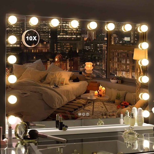 Misavanity Vanity Mirror with RGB Backlight 32’’x23’’ LED Makeup Mirror with 18 Dimmble 3 Color Modes Bulbs Light up Mirror with 10X Magnification and Smart Touch, White