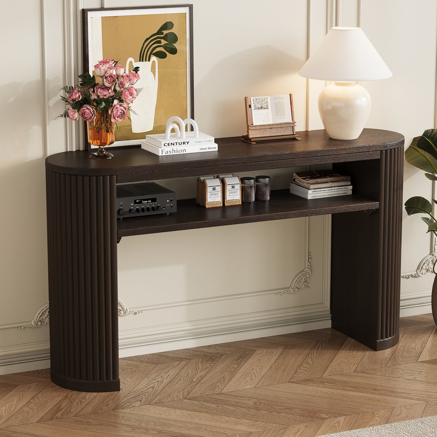 Rustic Console Table with Fluted Legs - Vintage Farmhouse Accent Table, Ash Veneer Top, Open Shelf - Espresso
