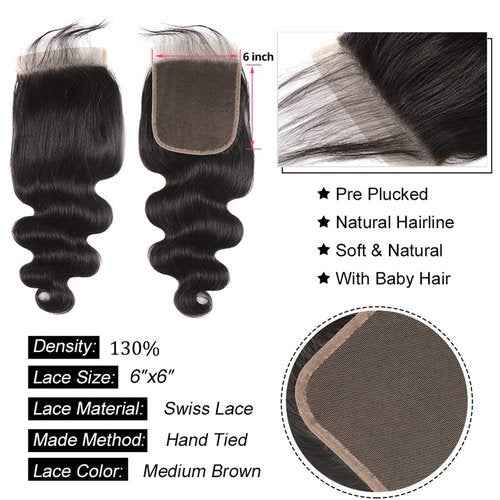 6x6 Closure Body Wave Hd Transparent Lace With Pre Plucked Baby Hair Human Hair High Density Unprocessed Brazilian Virgin Hair 10A Grade Natural Black 22 Inch For Woman