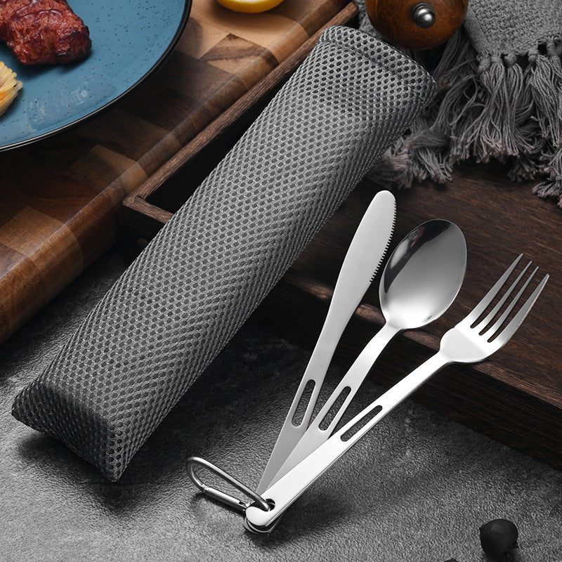 Stainless Steel Cutlery Set 3-Piece Minimalist Dinnerware with Hooks & Cloth Bag
