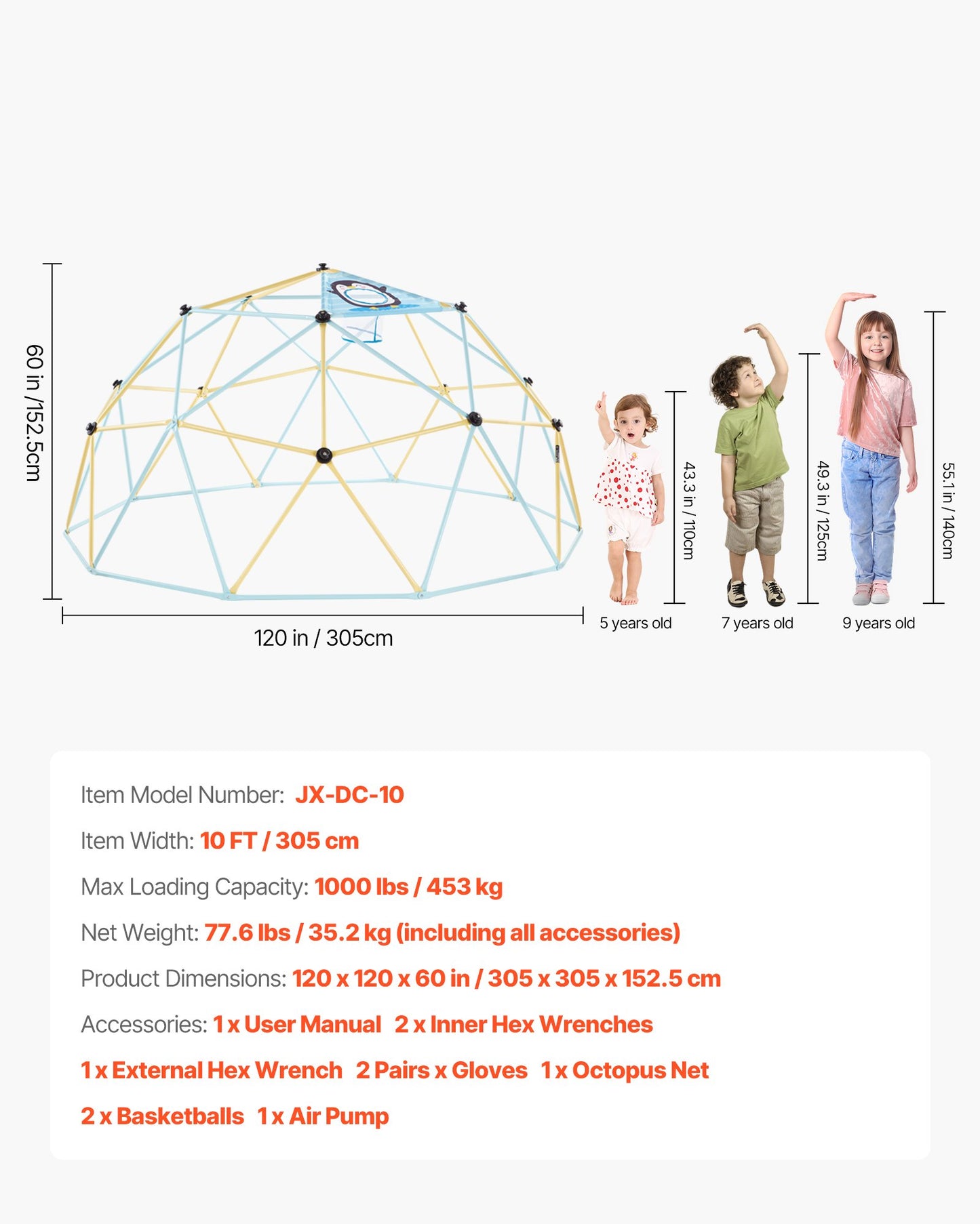 10FT Geometric Climbing Dome for Kids - Outdoor Jungle Gym Playground with Basketballs & Octopus Net