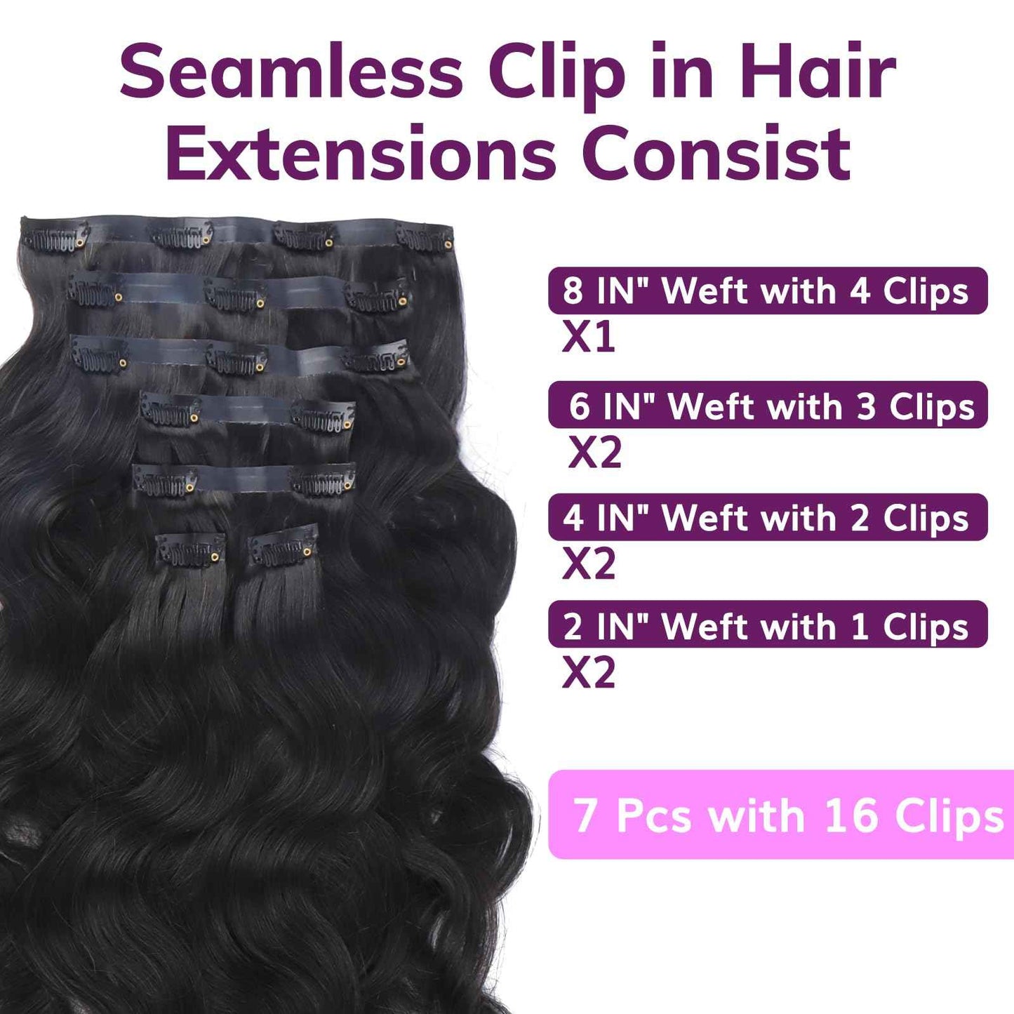 IDN BEAUTY Seamless Clip In Hair Extensions Human Hair, Body Wave 16 Inch 110g 7pcs Natural Black Real Virgin Human Hair Seamless Clip Ins For Black Women PU Weft Invisible Edge
