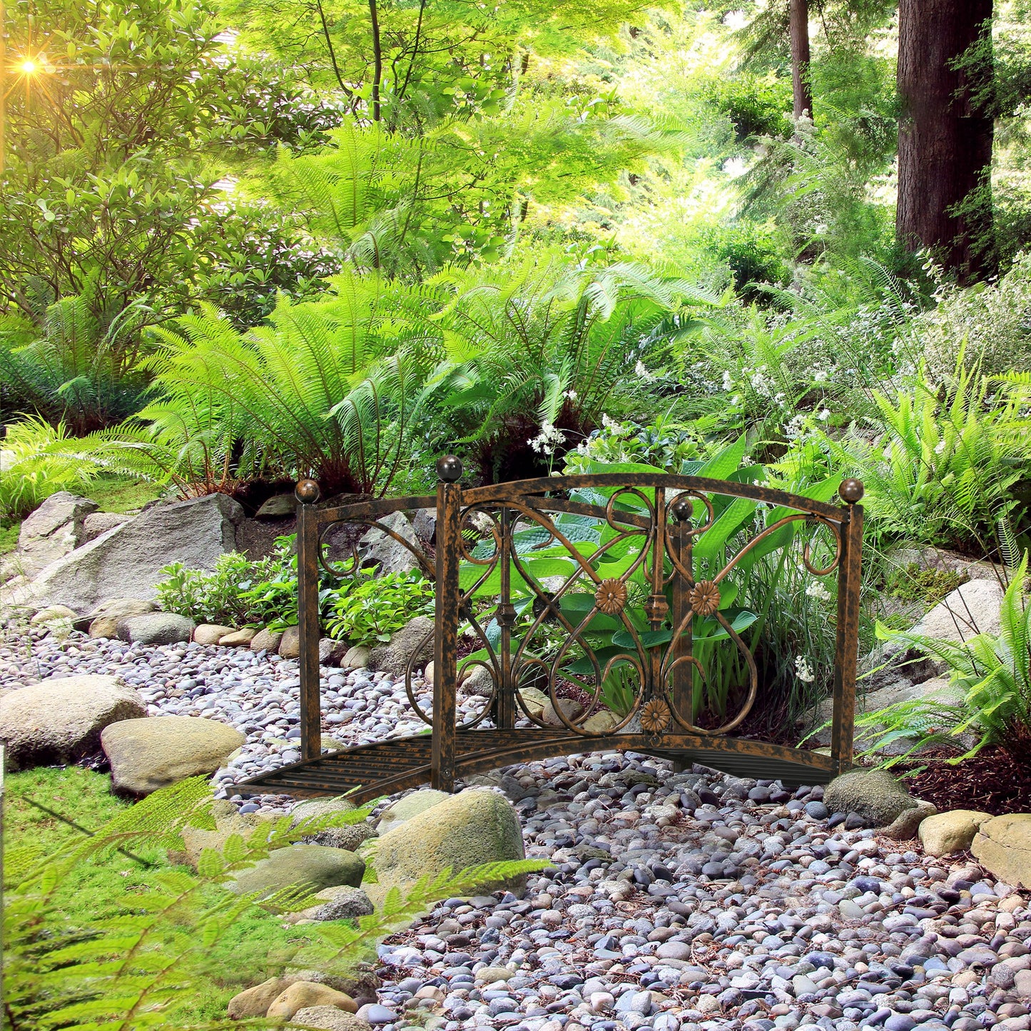Metal Garden Bridge with Safety Railings - Vintage Style Pond Footbridge Brown