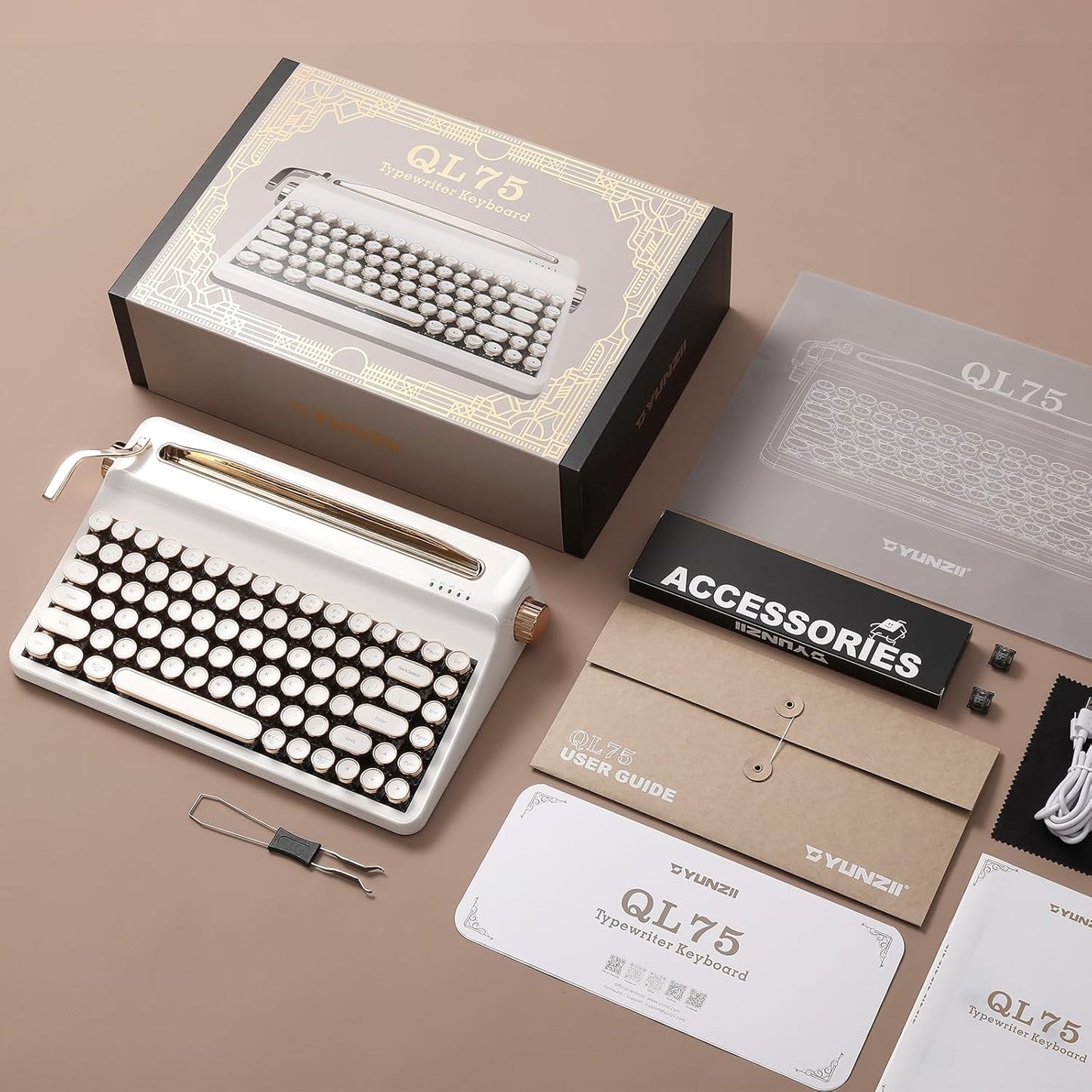 YUNZII QL75 Wireless Typewriter Hot Swap Retro Mechanical Keyboard,Punk Round Keycaps,RGB Backlit QMK/VIA Programmable, Multi-Device Keyboard with 2.4GHz/Type-C/BT5.0 (Green, Cocoa Cream V2 Switch)