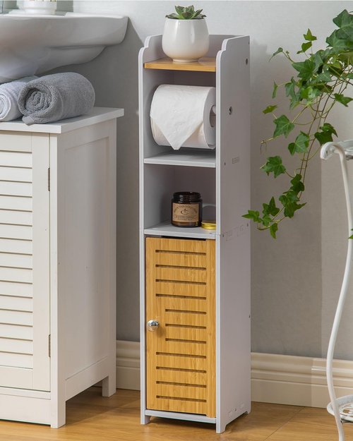 AOJEZOR Toilet Paper Holder Stand: Bathroom Storage Cabinet for Apartment Dwellers - Pure White/Natural Bamboo