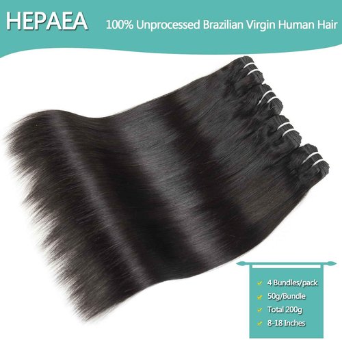 HEPAEA 12A Human Hair Bundles (14 14 16 16 Inches, 4 Bundles) 100% Unprocessed Brazilian Virgin Straight Hair for Women - Natural Black Hair Weave