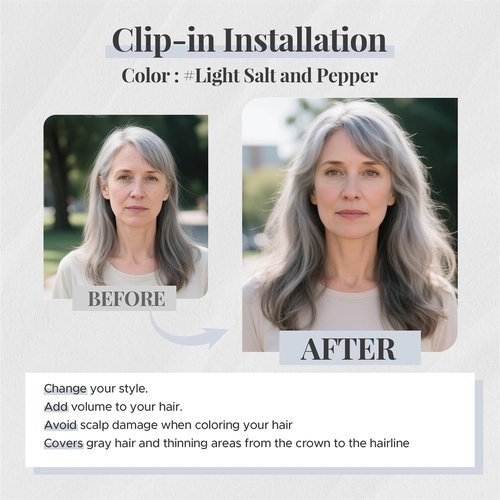 SEGOHAIR Hair Topper for Thinning Hair, Human Hair, 4 Clips, Silk Base 3.94x4.72, 6 Inches, Light Salt and Pepper Color, Style without Front Bangs, Achieve a Fuller, More Youthful Appearance