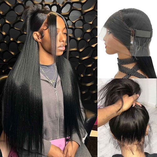 Pobokix Hidden Strap 360 Lace Front Wigs Human Hair 250% Density Straight 360 Full Lace Wigs Human Hair Wigs with Drawstring Wigs for Bkack Women 9A Natural Hairline (Natural Black, 16Inch)