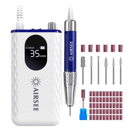 AIRSEE 35000 RPM Professional Electric Rechargeable Nail Drill File Machine for Acrylic Extension Gel Dip Powder Powerful Cordless Portable Efile 56 Sanding Bands 7 Bits LCD Scrn Salon Manicure Use G7