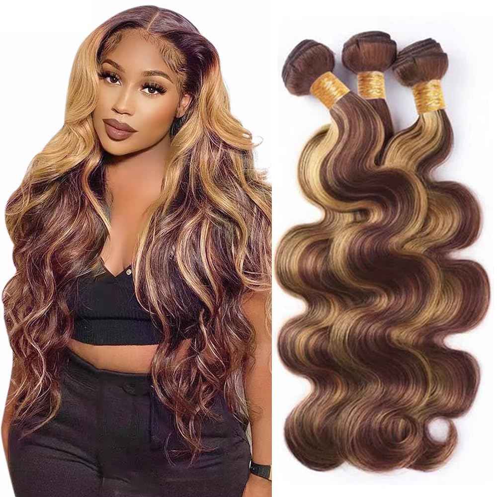 Honey Blonde Bundles Human Hair Reddish Brown Body Wave 3 Bundles 30 32 34 inch Peruvian Virgin Hair Weave Color #27 Bundle