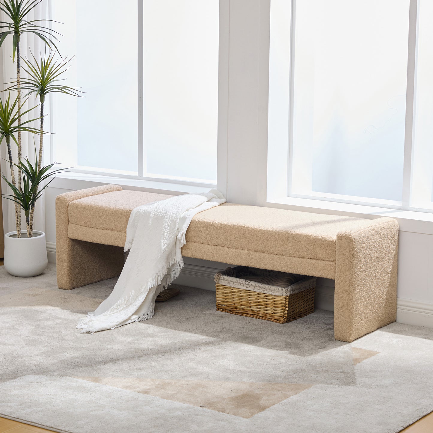 66.9" Modern Upholstered Boucle End Of Bed Bench - Wheat