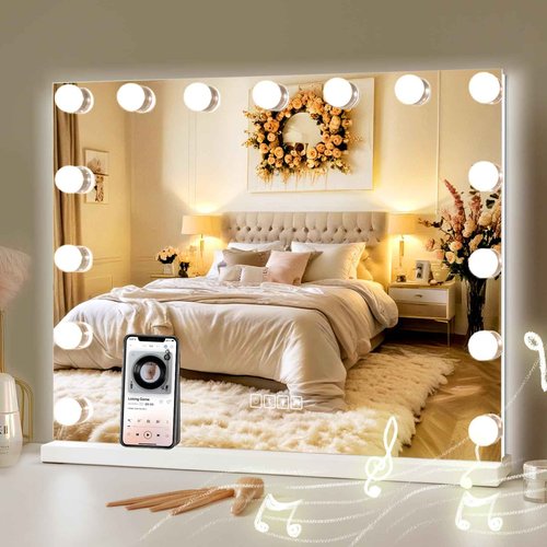 COOLJEEN Vanity Mirror with Lights and Bluetooth, 23x18 Inch 15 Bulbs Front and RGB Backlit Makeup Mirror with Dimmable 3 Color, Tempered Glass, Detachable 10X Magnification, Tabletop & Wall-Mounted