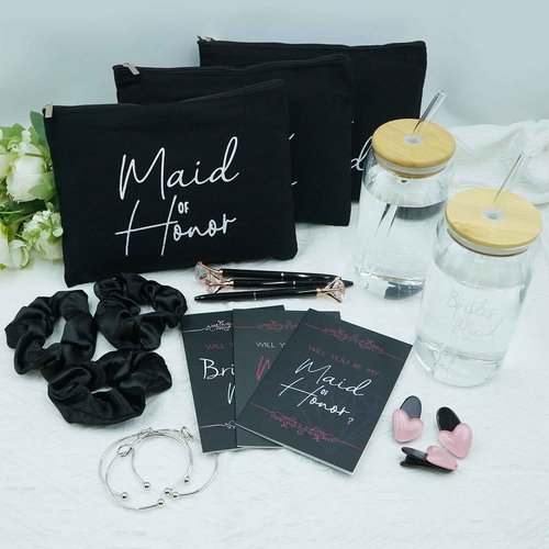 56 pcs Bridesmaid gifts bridesmaid proposal gifts, Maid of Honor Gifts contain 16oz Glass Cups Cosmetic Makeup Bags Invited Cards Scrunchies Hair Knotted Bracelets Diamond Pens love clip (Black)
