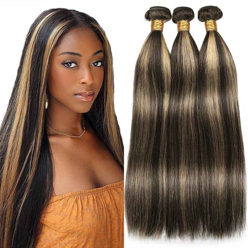 Dokksiiia Highlight Straight Human Hair Bundles P1B27#1B & #27 Piano Color Mix Double Weft Brazilian Virgin Human Hair Sew-In Weave Extensions 14 16 18 Inch Soft & Thick