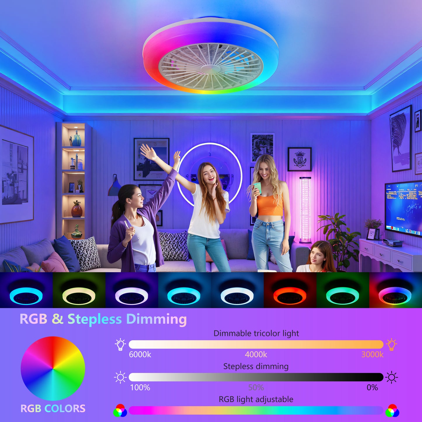 18 Inch Ceiling Fan with RGB LED Light Remote Control Dimmable Low Profile
