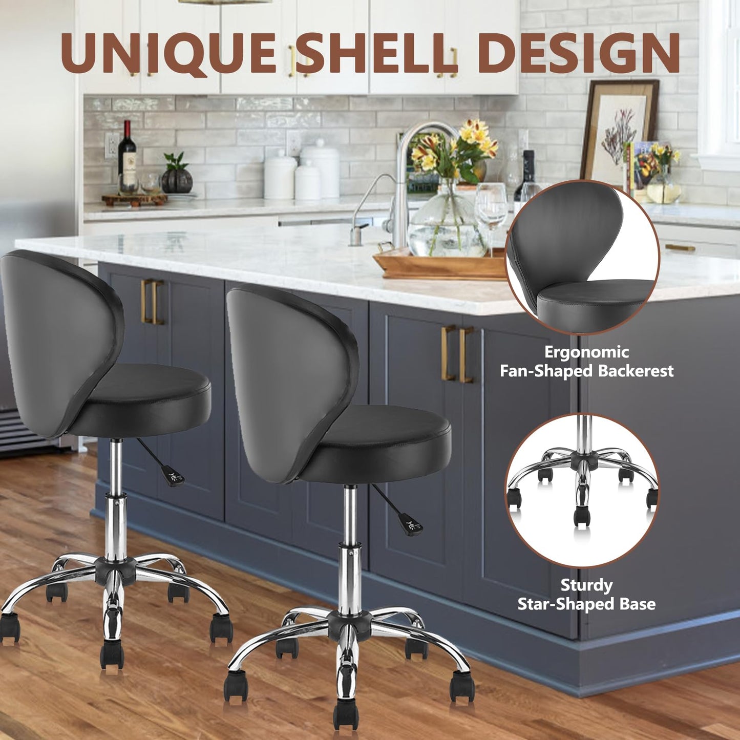 KLASIKA Leather Rolling Swivel Salon Stool Chair with Back Support Adjustable Hydraulic Seat Height 22 in for Office Massage Facial Spa Medical Drafting Tattoo Beauty Barber