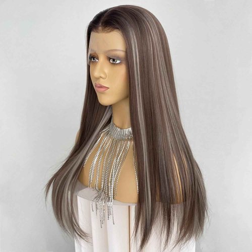 CIMITIKI Ash Brown Flaxen Color Wigs Highlight Blonde Hair 13x4 Lace Front Wig Long Silk Straight Synthetic Fiber 22Inch for Women