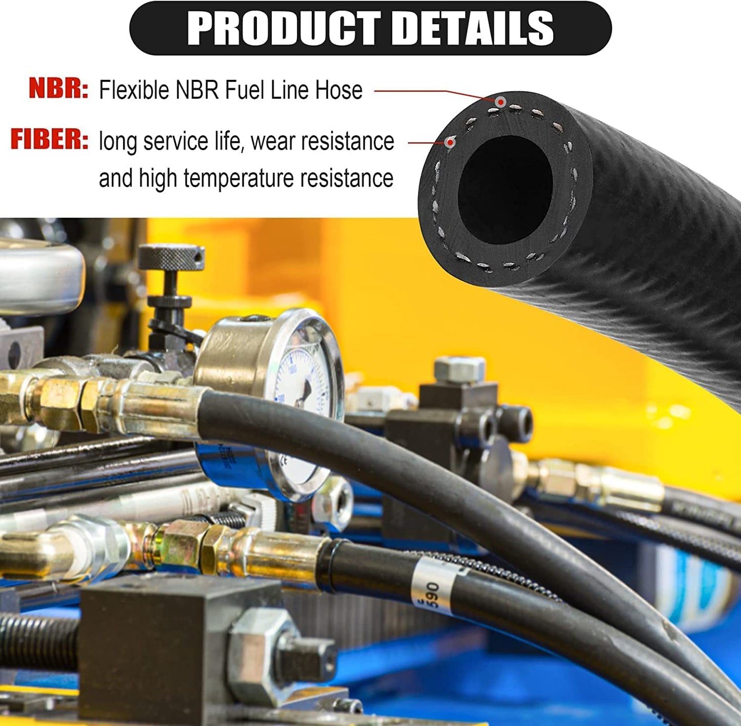 1/2 Inch (12mm) ID Fuel Line Hose 5FT NBR Rubber Push Lock Hose High Pressure 300PSI for Automotive Fuel Systems Engines