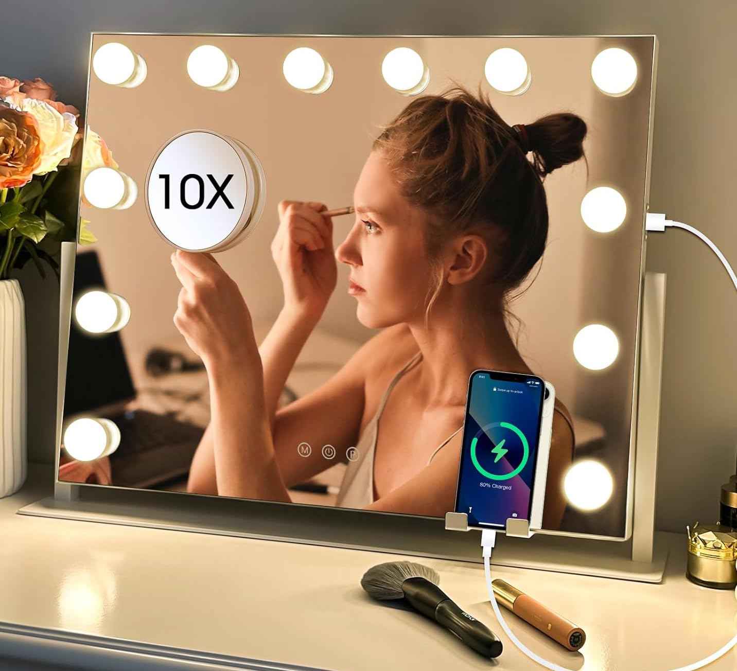 Hollywood Makeup Mirror with Lights,22" X 17" Lighted Vanity Mirror with 3 Light Modes, Detachable 10X Zoom Magnifying Mirror, 360 Rotatable, Metal Frame,Touch Control,AC-Powered, Gifts, White