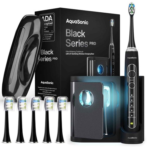 Aquasonic Black Series PRO UV – Ultra-Whitening Electric Toothbrush – 5 Modes & Smart Timers – UV Sanitizing Base, Premium Travel Case & 6 Proflex Brush Heads – ADA Accepted