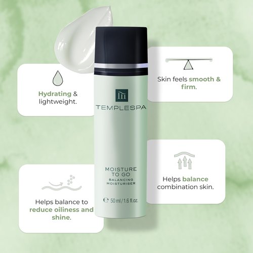 TEMPLESPA | MOISTURE TO GO | Balancing Moisturizer for Combination Skin, Vitamins, Absorbs Excess Oil, Rehydrates Dry Patches, Natural Ingredients, Cruelty-Free, Vegetarian, 1.6 fl.oz.