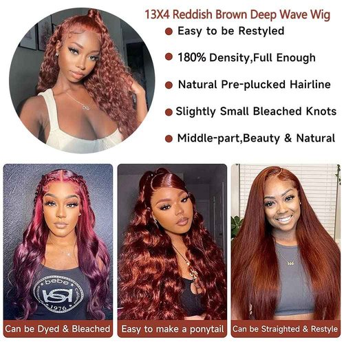 Siyun Show 13x4 Reddish Brown Deep Wave Lace Front Wigs Human Hair Wigs for Black Women 24 Inch Copper Red Deep Curly Wig Human Hair 180% Density Auburn Colored Wigs With Baby Hair