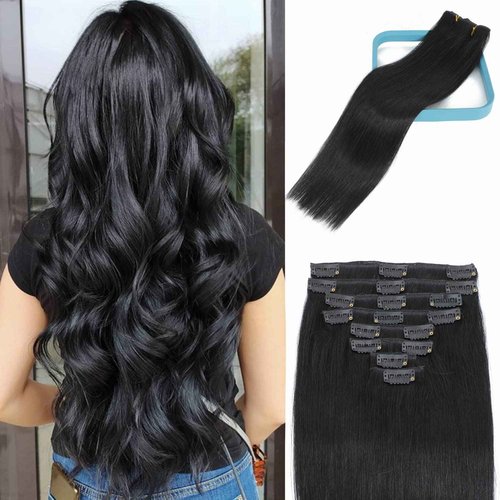 LORIEN Clip in Hair Extensions Real Human Hair, 24 Inch 120g, 1 Jet Black, Clip in 100% Brazilian Remy Human Hair Extensions 8pcs Per Set with 18 Clips Double Weft