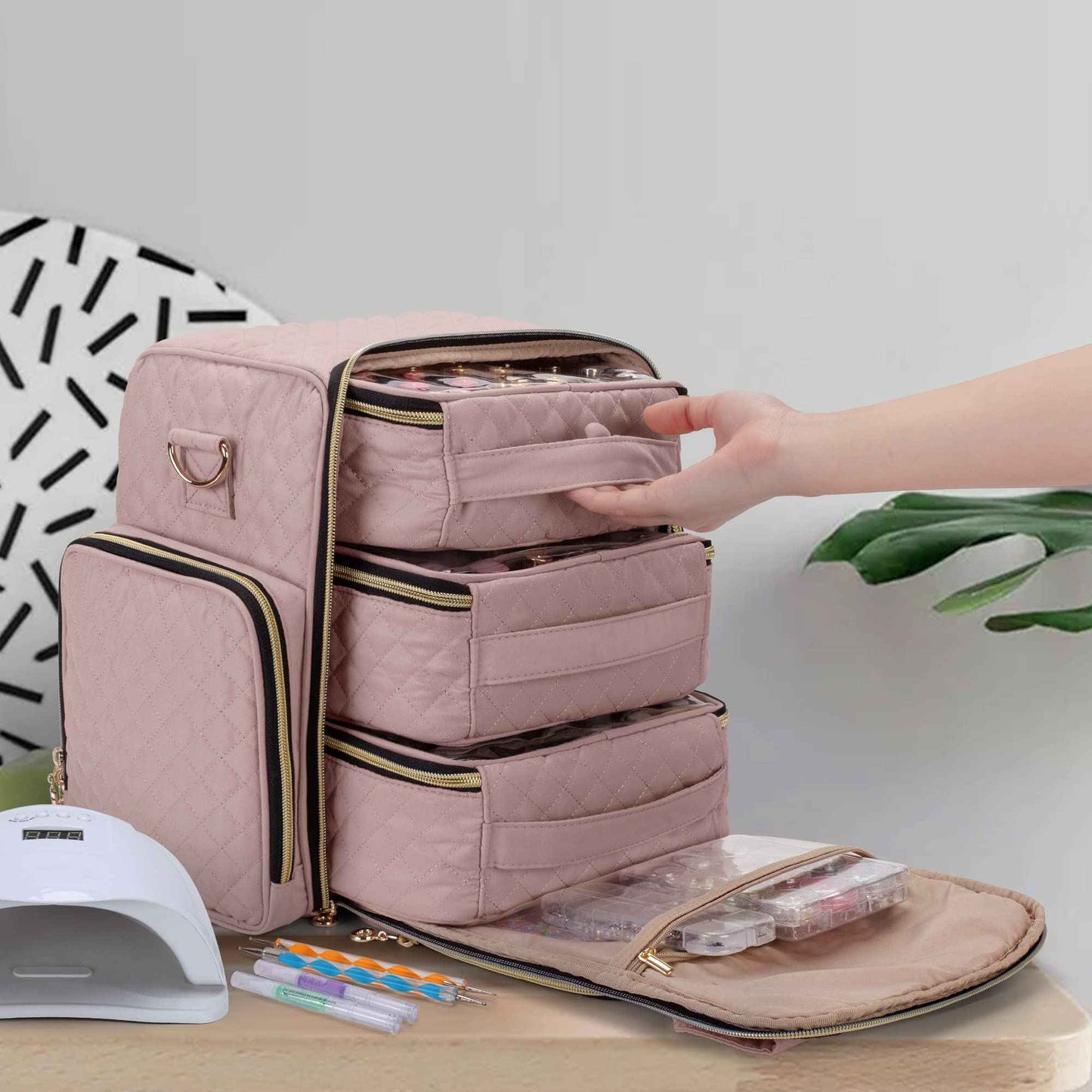 LUXJA Nail Polish Organizer Holds 72 Bottles, Nail Polish Case with 3 Removable Bags and Tools Storage Pockets (Patent Pending), Pale Rose