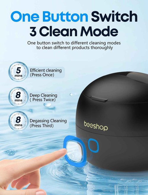 BEESHOP Ultrasonic Retainer Cleaner - 45kHz Retainer Cleaner Machine for Dentures, Mouth Guards, Night Guard, Braces, Aligner, Jewelry, 3 Modes Denture Cleaner & 200ML Dental Cleaning Pod (Black)