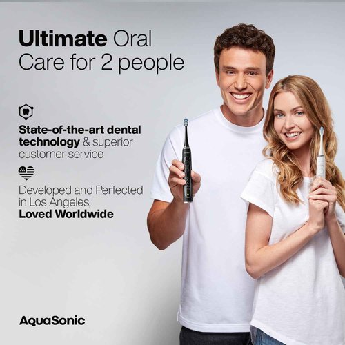 Aquasonic Duo Series PRO UV - ADA Accepted Electric Toothbrushes with UV Sanitizer - Inductive Charging Base - 5 Modes with Smart Timers - 10 Proflex Brush Heads & 2 Travel Cases