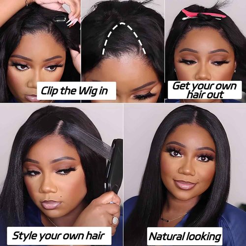 Prtyopp V Part Wig Human Hair Kinky Straight 20 Inch Vpart Human Hair Wig Upgrade U Part Wig Yaki Straight Clip in Half Wigs for Black Women Glueless No Leave Out 180% Density Natural Color
