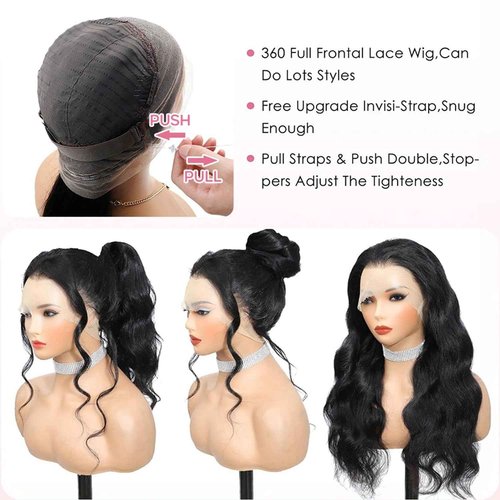 Abijale 360 Lace Front Wigs Human Hair 220% Density Hidden Straps Body Wave HD Lace Front Wigs with Drawstring 360 Full Lace Wigs Brazilian Virgin Human Hair Wig for Women Natural Black 20Inch