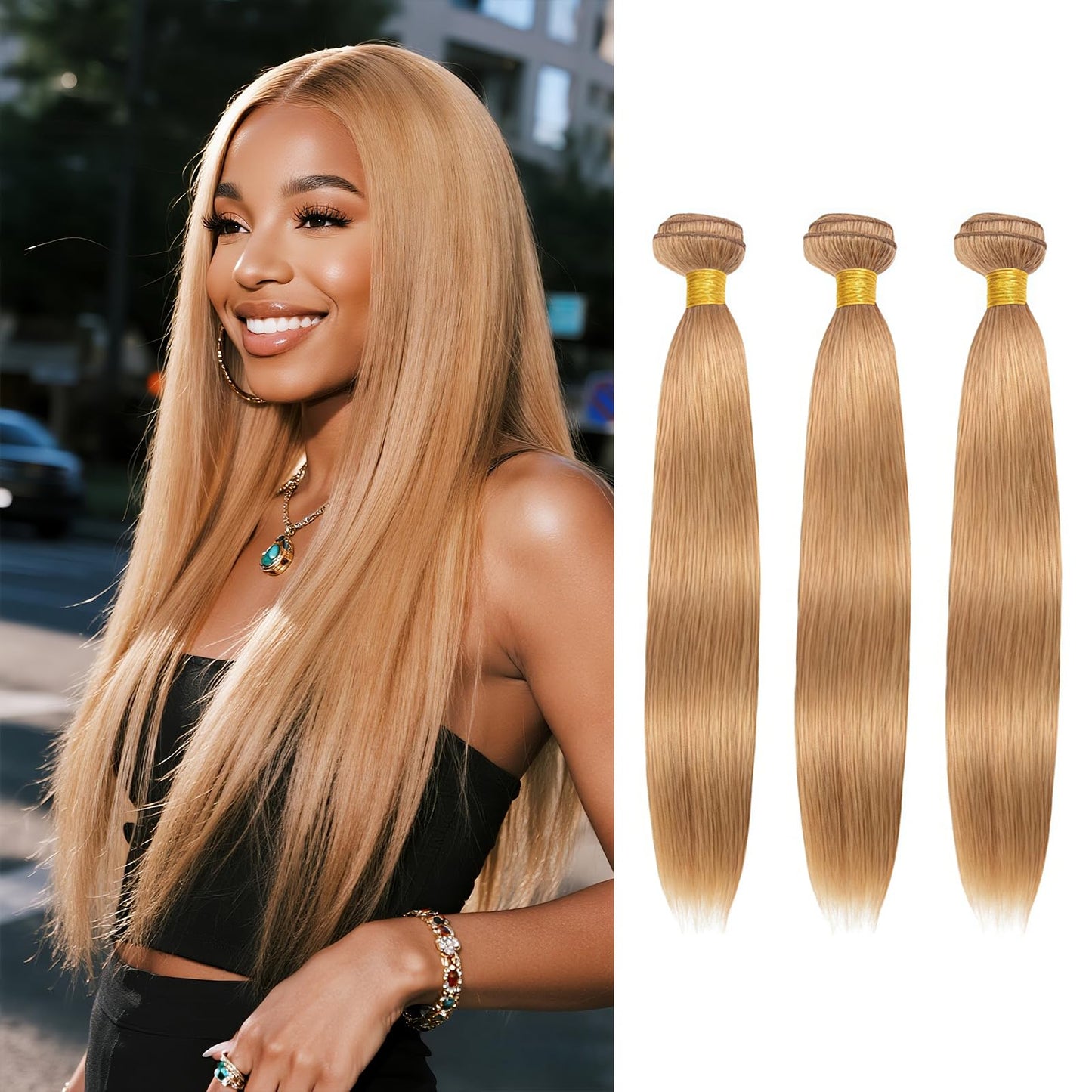 LUMWAV Straight Bundles Human Hair 26 28 30 Inch 12A Soft and Thick Honey Brown #27 Brazilian Virgin Hair Bundles for Black Women