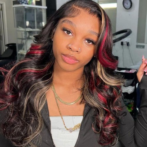 abgese Red Blonde Highlight Wig Human Hair Body Wave Lace Front Wigs Human Hair Pre Plucked 180% Density Blonde Red Highlights 13X4 Transparent Glueless Colored Wig Human Hair for Women 16 Inch