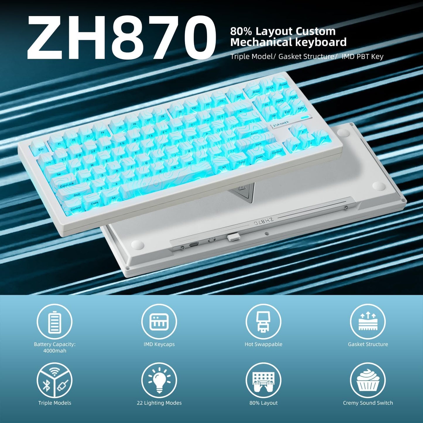 ZORNHER ZH870 Wireless Mechanical Gaming Keyboard,80% White Custom Creamy Sound Keyboard with White Spider Web IMD PC Keycaps,Pre-lubed Linear Switches,Hot-Swappable,RGB Backlit