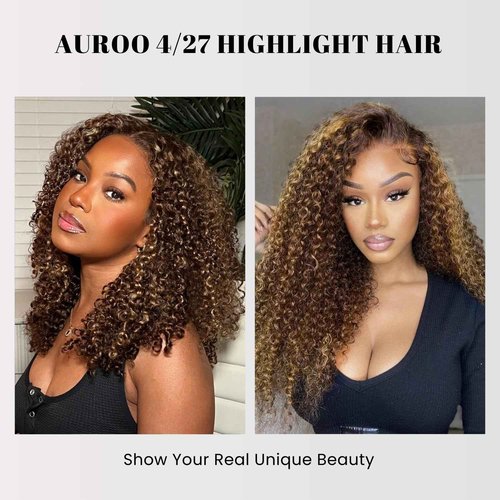 AUROO Honey Blonde Highlight Tight Kinky Curly Single Bundles Human Hair 22Inch, 100% Virgin Remy 12A Brazilian Curly Weave Bundles Human Hair Thick Track P4/27 Ombre Brown Colored Kinky Curly Bundles