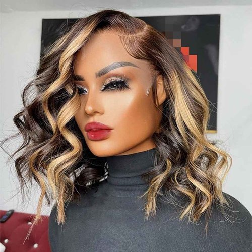 Highlight Bob Wig Human Hair 13x4 HD Lace Front Wigs Human Hair Pre Plucked Glueless Short Body Wave Bob Wigs for Women Human Hair 180 Density Ombre Brown Honey Blonde P4/27 Loose Wave Bob Wig 14 inch