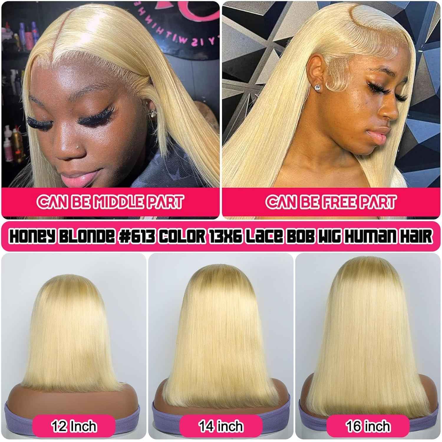Honey Blonde 13x6 Transparent Lace Frontal Wigs For Black Women 180% Density 13x6 Blonde Short Straight Lace Bob Wigs Human Hair Pre Plucked Brazilian Remy Human Hair Blonde Glueless Lace Wig 16 Inch