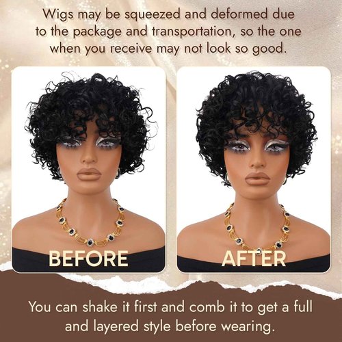 RUWISS Short Curly Human Hair Wig Kinky Curly Wigs for Black Women - Wear and Go Glueless Wigs Human Hair Bob Wig with bangs, FH-1535 Natural Black