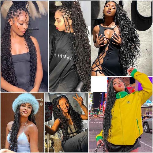 Crochet Boho Box Braids With Human Hair Pre Looped Hair Goddess Box Braids With Human Hair Curly Full Ends Hair Extensions For Women Natural Black Color 24inch 1 Pack(40 Strands)