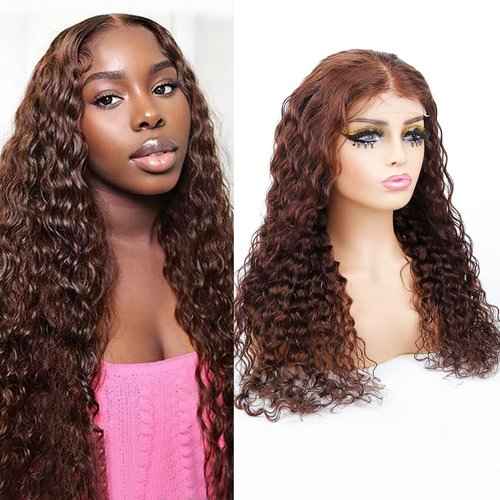 FQ Chocolate Brown #2 Lace Front Wig Water Wave 5x5 HD Lace Closure Wigs for Black Women Human Hair 180% Density Colored Lace Front Wigs Human Hair 22 inch(Chocolate Reddish Brown 5x5 Wigs)