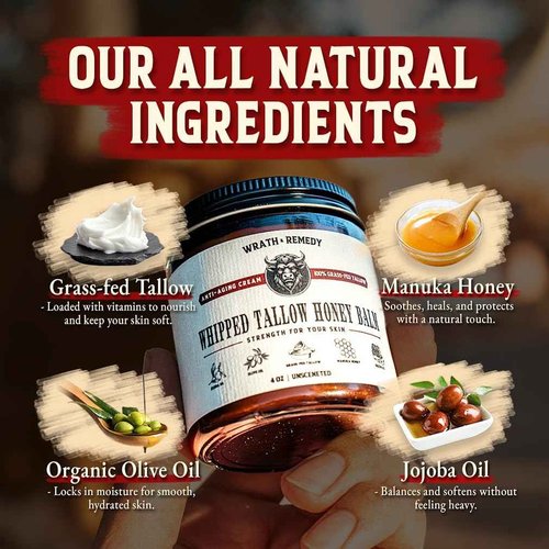 Organic Beef Tallow for Skin - 4 OZ (Pack of 3) — Grass Fed Beef Tallow for face + Body — US-Made Whipped Tallow and Honey Balm Moisturizer for Dry and Sensitive Skin, Eczema, Rosacea (No Additives)
