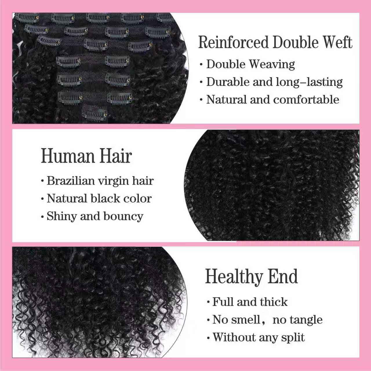 Geogroket Kinky Curly Clip in Hair Extensions for Women 3C 4A Kinky Curly Clip ins 10A Brazilian Virgin Human Hair Curly Hair Extensions 16pcs 240g/set Natural Black （20 Inch）
