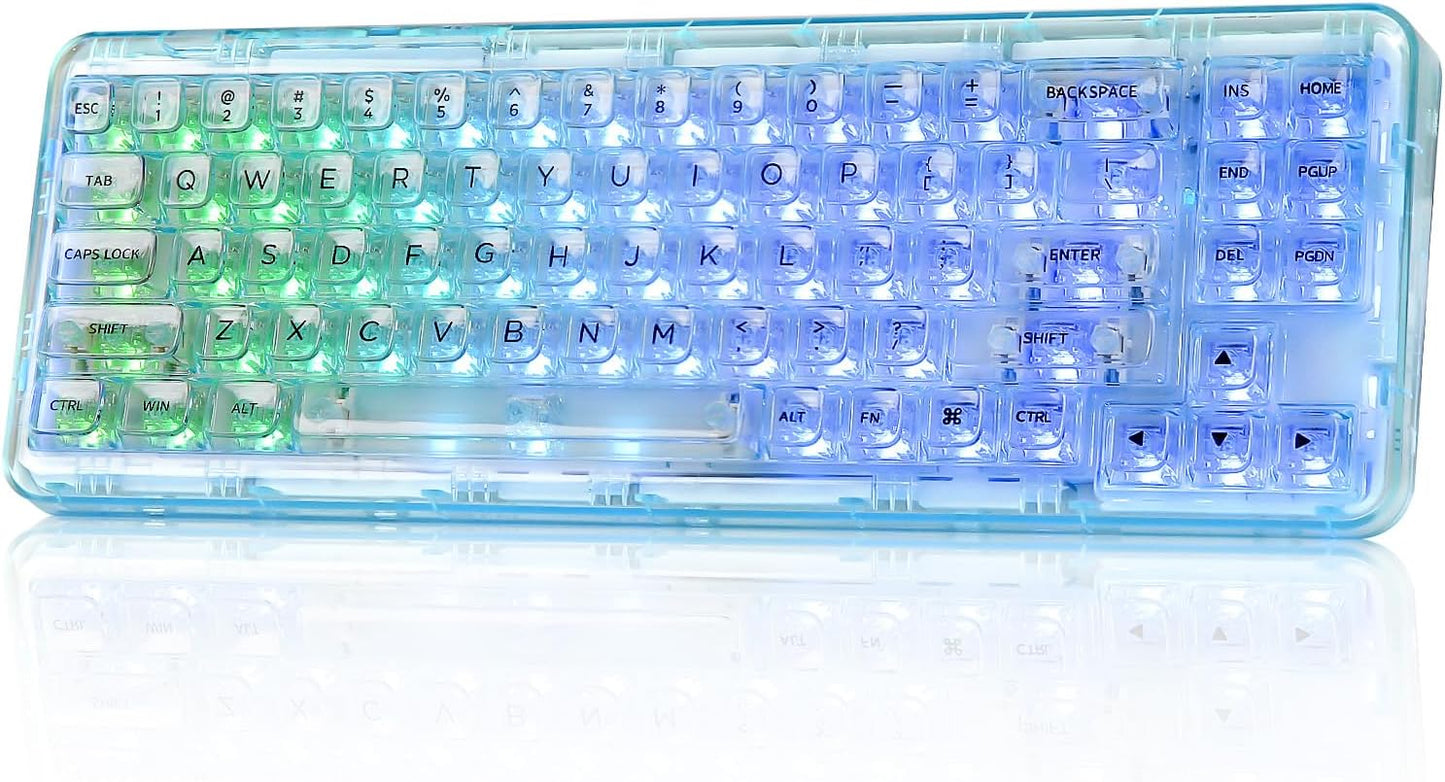 YUNZII X71 Wireless Hot Swappable Transparent Mechanical Keyboard with Clear Keycaps, 68% Layout, BT5.0/2.4G/USB-C Gasket Mount Wireless RGB Backlit for Windows/Mac(Crystal Ice Switch,White)